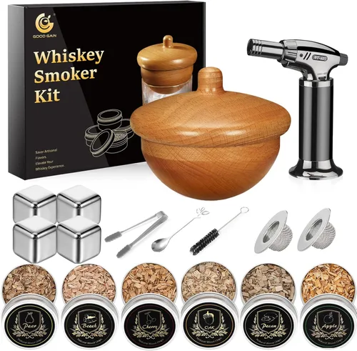 G GOOD GAIN Kit de Ahumador de Whisky con Antorcha - Kit Infusor Ahumador de Cócteles Old Fashioned, Virutas de Madera de 6 Sabores, 4 Piedras de