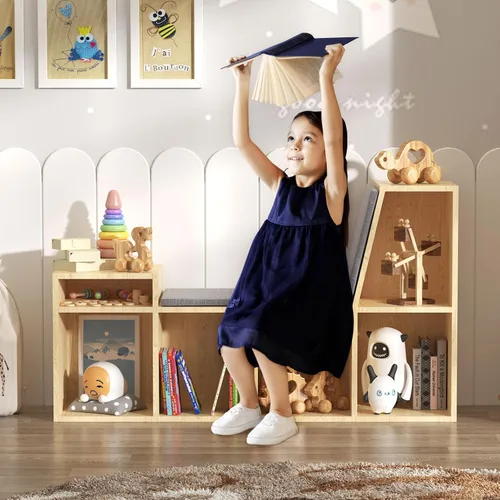 Miniatura 5 de HedoAjim Rincón de lectura para niños con almacenamiento, estantería infantil de 6 cubos con cojín de asiento suave, banco de lectura para sala