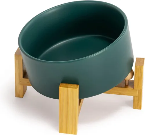 Miniatura 40 de SPUNKYJUNKY Cuenco de cerámica inclinado de 15° para perros y gatos con soporte de madera, cuenco inclinado para comida y agua para bulldog Blanco