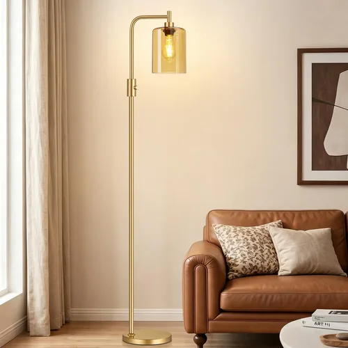 Miniatura 22 de 【Actualizada】Lámpara de pie regulable para sala de estar con pantalla de cristal, lámpara de pie moderna de níquel cepillado con bombilla LED de 900