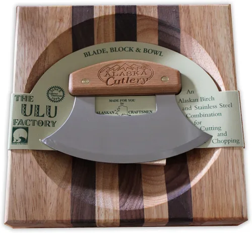 Miniatura 2 de Alaska Ulu Juego de cuchillos curvos con mango de madera y tabla de cortar Mezzaluna Hecho en Alaska USA Ulu Factory