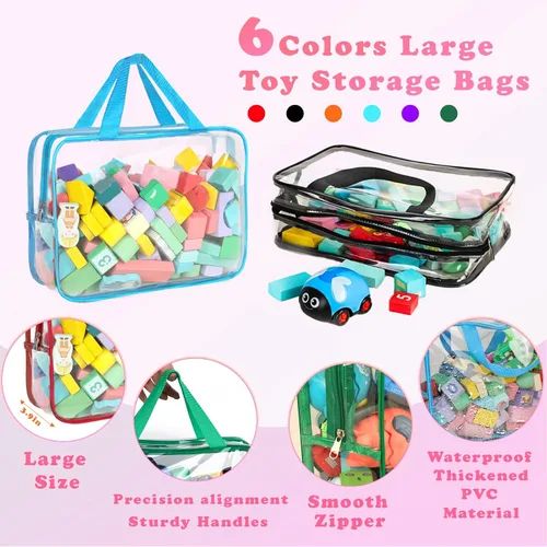 Miniatura 3 de Paquete de 6 bolsas de almacenamiento de juguetes con etiquetas, 11.8 x 8.7 x 3.9 pulgadas, grandes, de PVC, reutilizables, transparentes