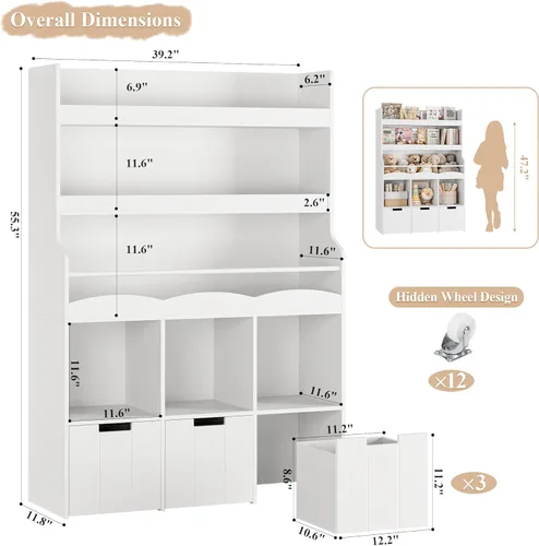 Miniatura 2 de HITHOS Estantería infantil de 55.3 pulgadas de alto con organizador de almacenamiento de juguetes, estante alto para libros con 3 contenedores Blanco