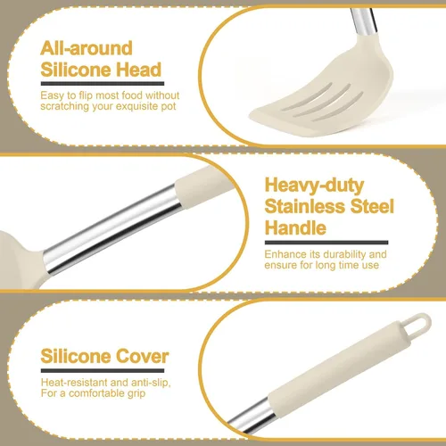 Miniatura 3 de P&P CHEF Juego de 4 utensilios de cocina de color caqui, espátulas sólidas de silicona, cucharas ranuradas para utensilios de cocina antiadherentes
