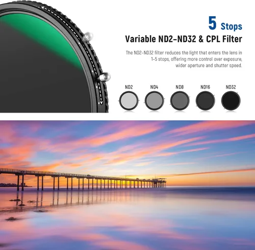 Miniatura 4 de NEEWER 2 en 1 Filtro ND Variable de 58mm ND2–ND32&CPL (Filtro Polarizador Circular) Sin X Cross/30 Capas Nano Recubierto/Vidrio Óptico HD/Marco