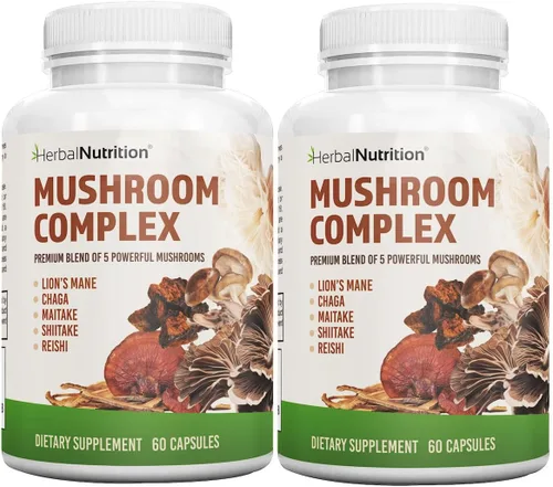 Herbal Nutrition Complejo de hongos de 700 mg a 1400 mg. Los 5 hongos más potentes - Melena de león, Reishi, Chaga, Maitake, Shiitake - Apoya la
