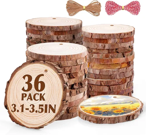 Miniatura 8 de 30 paquetes de rebanadas de madera para manualidades, 2.4-2.8 pulgadas de rondas de madera natural sin acabar con corteza de árbol. Círculos