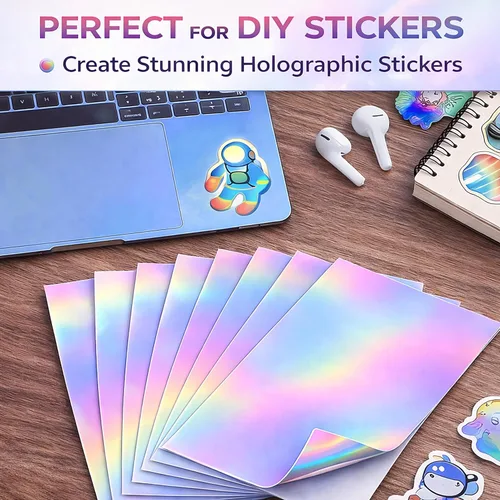Miniatura 2 de 20 hojas de papel adhesivo holográfico de 8.5 x 11 pulgadas, imprimibles impermeables, hojas de vinilo arcoíris para impresora de inyección de tinta