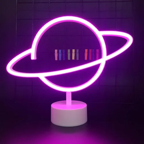 Miniatura 2 de ENUOLI Letreros de luz de neón de planeta rosa, luces de noche LED con pedestal, decoración de habitación, batería/operación USB, letreros de neón