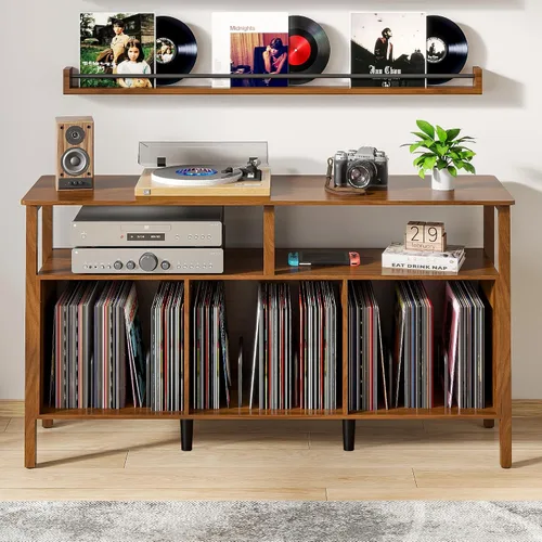 Miniatura 3 de Mxtxmy Soporte grande para tocadiscos, mesa giratoria de mediados de siglo con almacenamiento abierto con capacidad para hasta 450 álbumes, estante