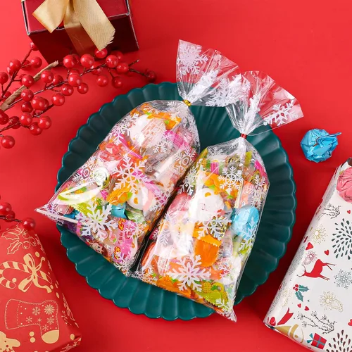 Miniatura 3 de FUSHENMU 120 bolsas de caramelo de celofán de copo de nieve, bolsas de celofán transparentes de Navidad con lazos giratorios para Navidad, fiestas