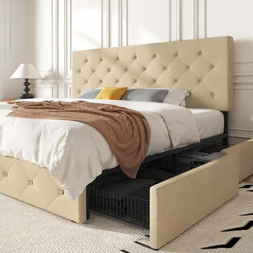 Miniatura 22 de HOOMIC Base de cama de almacenamiento de plataforma de tamaño matrimonial con 4 cajones y cabecera ajustable, listones de madera, no necesita Gris