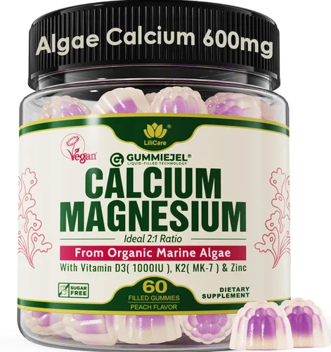 Gomas de Calcio a Base de Plantas 600mg con Vitamina D3 K2, Magnesio, Zinc para la Fuerza Ósea, Suplementos de Calcio Sin Azúcar para Mujeres y
