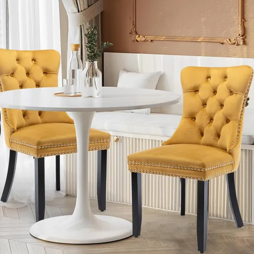 Miniatura 111 de Juego de 4 Sillas de Comedor de Terciopelo Tapizadas con Capitoné, Sillas Laterales de Cocina con Ribete de Tachuelas y Patas Chapadas en Oro