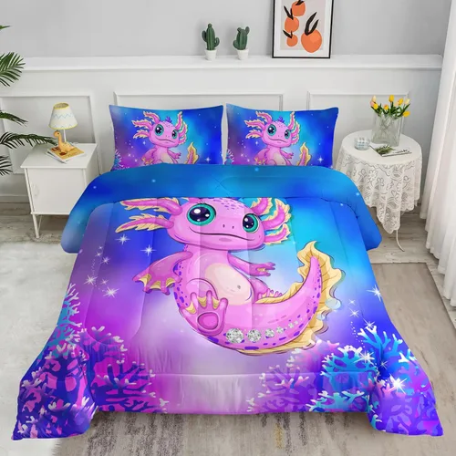 Miniatura 13 de Axolotl Juego de edredón de dibujos animados con diseño de gato de caricaturas, juego de ropa de cama con estampado de dibujos animados y escamas