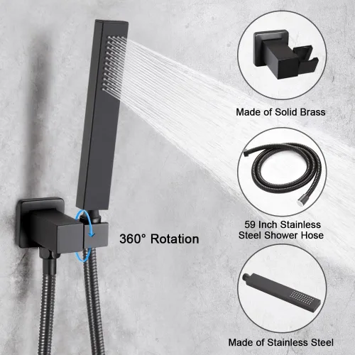 Miniatura 4 de Juego de llave de ducha en negro mate con caño de bañera, sistema de cabezal de ducha de lluvia de 8 pulgadas para baño con llave de mano de una