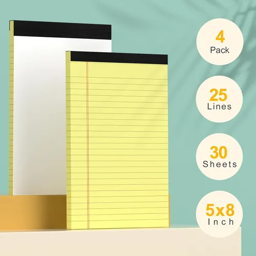 Miniatura 2 de Blocs de notas pequeños de 5x8 amarillos – paquete de 4, papel grueso premium de 80gsm, 30 hojas/60 páginas por bloc, páginas perforadas con rayas