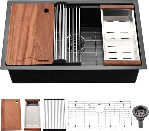 Miniatura 11 de Fregadero de cocina dorado de 32 x 19 pulgadas, acero inoxidable de calibre 16, fregadero de cocina dorado de 10 pulgadas de profundidad, incluye
