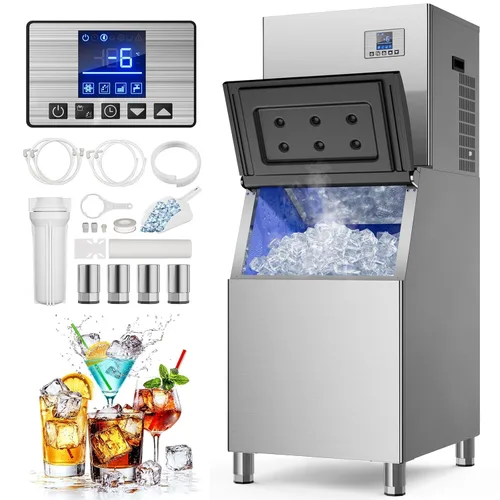 Miniatura 12 de Máquina comercial para hacer hielo - 200 libras/24 horas, máquina de hielo comercial con contenedor de almacenamiento de 50 libras, debajo