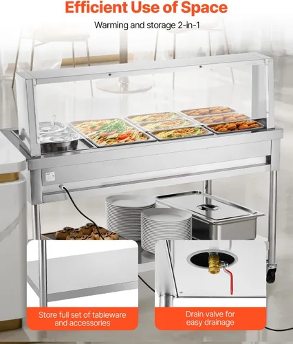 Miniatura 6 de VEVOR Calentador de alimentos comercial, 7 bandejas + 2 ollas, mesa de vapor eléctrica, 1800 W, calentador de alimentos profesional para catering