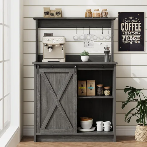 4ever2buy Barra de café de granja con gabinete, gabinete de buffet de 31 pulgadas con puerta corrediza de granero, armario de barra de Gris