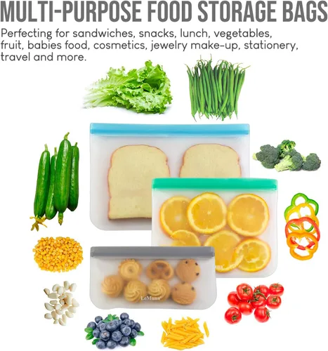 Miniatura 2 de Paquete de 12 bolsas reutilizables de almacenamiento de alimentos de varios tamaños, sin BPA y a prueba de fugas
