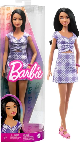 Miniatura 12 de Muñeca Barbie Fashionistas #187 con audífonos detrás de la oreja, cola de caballo morena, vestido cruzado y botas rosas