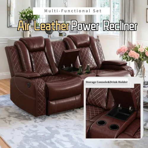 Miniatura 4 de Juego de sillón reclinable eléctrico con luces LED, juego reclinable de cuero sintético con puerto USB/cargador inalámbrico/consola de Borgoña
