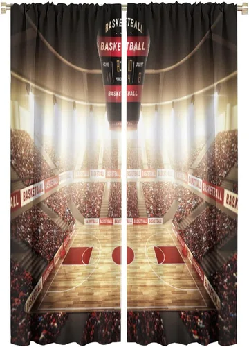 Miniatura 19 de Cortinas deportivas de baloncesto para niños, patrón de llama de bola 3D naranja, 42 pulgadas de ancho x 45 pulgadas de largo
