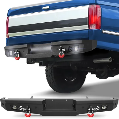 Miniatura 8 de Parachoques trasero F150 con anillos en D, luces LED, orificios de sensor, placa escalonada de acero inoxidable, parachoques trasero para Ford F150