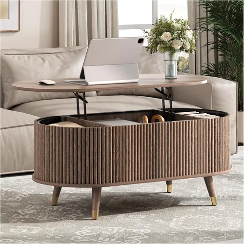 Miniatura 10 de Mesa de centro elevable con almacenamiento, mesa de centro moderna de mediados de siglo con patas de madera maciza, mesa central minimalista Roble