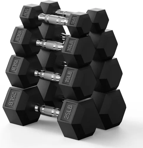 Miniatura 9 de PAPABABE Juego de mancuernas hexagonales de 45 a 550 libras, mancuernas de gimnasio en casa con revestimiento de goma, mancuernas para mujeres