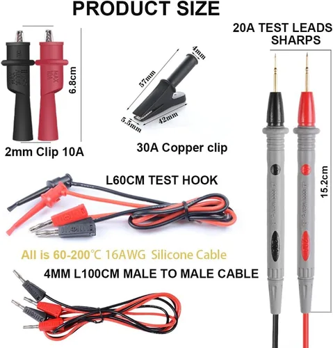 Miniatura 2 de HANDSKIT Kit de cables de prueba de multímetro, juego de cables de prueba con pinzas de cocodrilo, sonda de mini ganchos de prueba y sondas