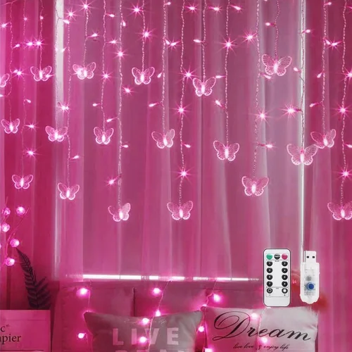 Miniatura 12 de Guirnalda de luces de cadena de hadas con cortina de mariposa, 120 LED, 8 modos, temporizador alimentado por USB, luz parpadeante de luciérnaga