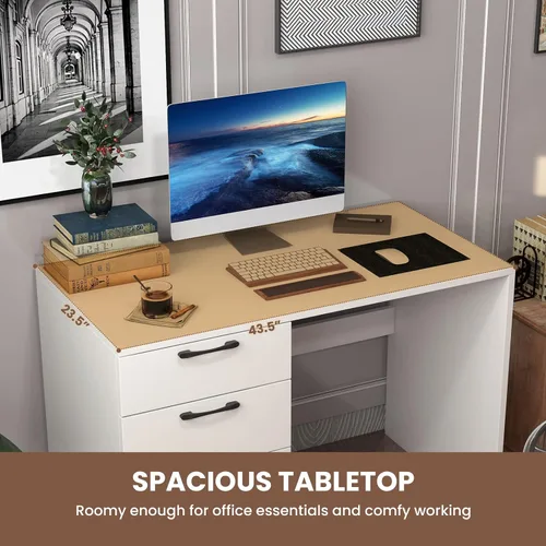 Miniatura 7 de Giantex Escritorio blanco para computadora con 4 cajones grandes, escritorio para computadora portátil para oficina en casa, mesa de escritura