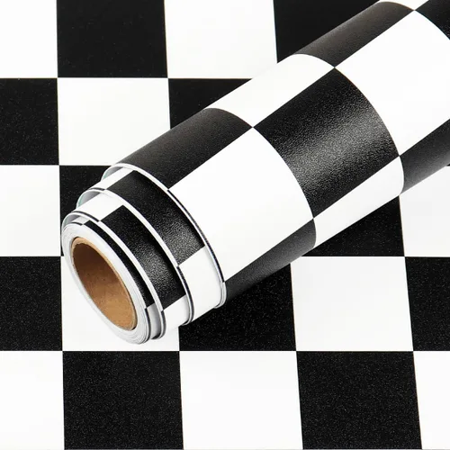 LACHEERY Papel de contacto blanco y negro de 15.8 x 276 pulgadas, papel tapiz grueso a cuadros para despegar y pegar, papel tapiz autoadhesivo