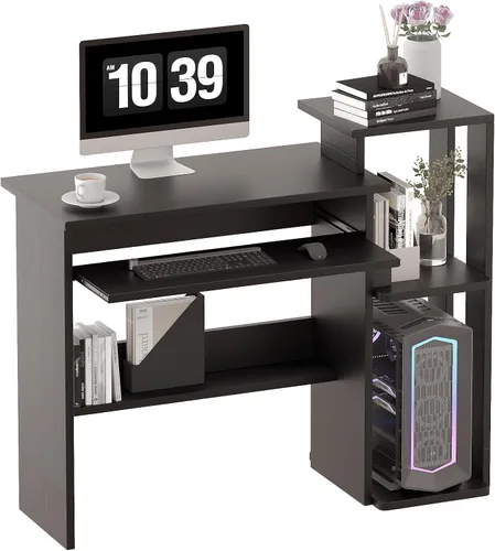Miniatura 12 de ALISENED Escritorio pequeño de 76 cm para computadora con bandeja para teclado y soporte para monitor, escritorio de estudio y escritura