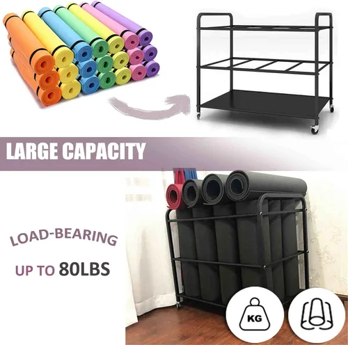Miniatura 3 de Estante de almacenamiento para esterilla de yoga, equipo de entrenamiento, gimnasio en casa, estante de almacenamiento con ruedas, soporte para Negro