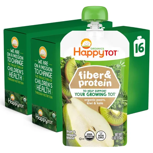 Happy Tot Organics - Puré de frutas y verduras con fibra y proteína, sin gluten, vegano, snack, etapa 4, bolsas de comida para bebé, peras, kiwi y