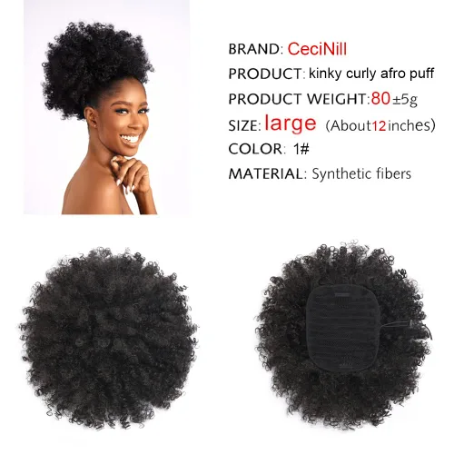 Miniatura 2 de Extensión de cola de caballo rizada con cordón para mujeres negras, extensiones de cabello sintético corto afro kinkys rizado con dos clips (1#)