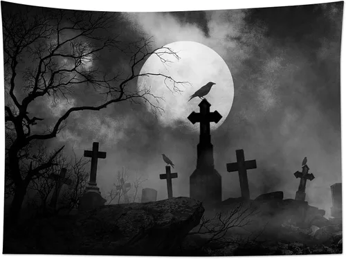 Miniatura 2 de HVEST Tapiz de Halloween de luna llena, lápida de cuervo negro, árbol muerto, tapiz para dormitorio, cementerio gris aterrador, bosque, decoración