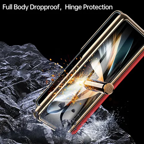 Miniatura 3 de para Funda de Teléfono Samsung Galaxy Z Fold 4 [Cuero Genuino de Lujo Premier][Protección Completa de Bisagra][Protector de Pantalla Rojo