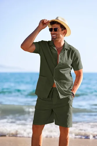 Miniatura 2 de COOFANDY Conjunto de camisa de 2 piezas para hombre, ajuste regular, manga corta, con botones, informal, para playa, pantalones cortos