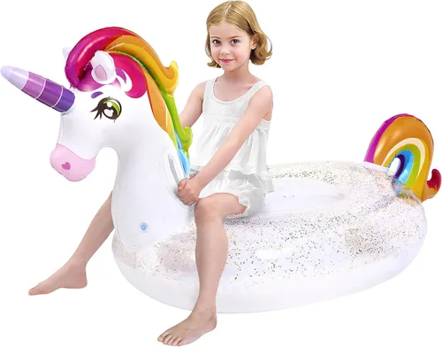 JOYIN Flotador de piscina de unicornio para niños, inflable de unicornio arcoíris con purpurina, flotadores divertidos para montar en la playa,