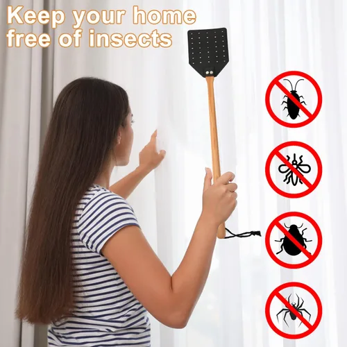 Miniatura 5 de KINBOM Matamoscas de cuero, manual resistente con mango de madera largo, matamoscas duradero, matamoscas de avispas para interiores y exteriores