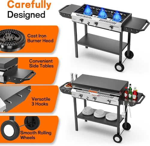 Miniatura 6 de Veralune - Estufa de propano de 3 quemadores con encendido automático 225,000 BTU Gas Griddle with Storage Shelf, Rolling Wheels, Portable Outdoor