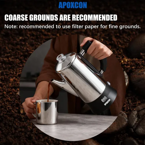 Miniatura 8 de APOXCON Cafetera eléctrica de acero inoxidable con perilla de progreso de preparación transparente, botón de vidrio resistente y interruptor