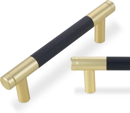 Miniatura 8 de Paquete de 10 tiradores para gabinete de cocina, tiradores mate negro y bronce champán, tiradores de cajón estriados negros, herrajes de cocina
