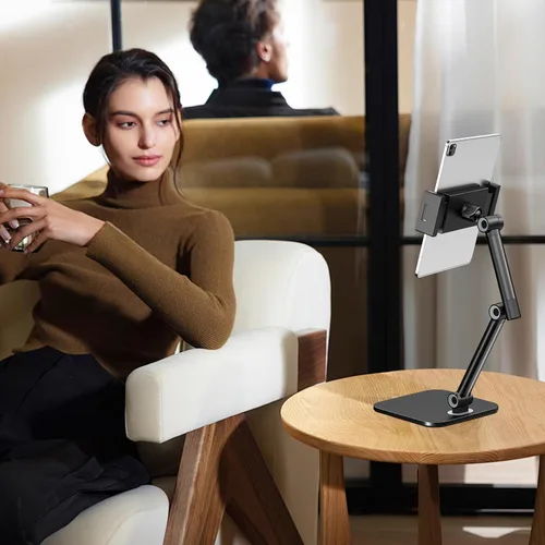 Miniatura 7 de Soporte para tablet para iPad, soporte de teléfono con base resistente para escritorio, soporte plegable ajustable multiángulo compatible