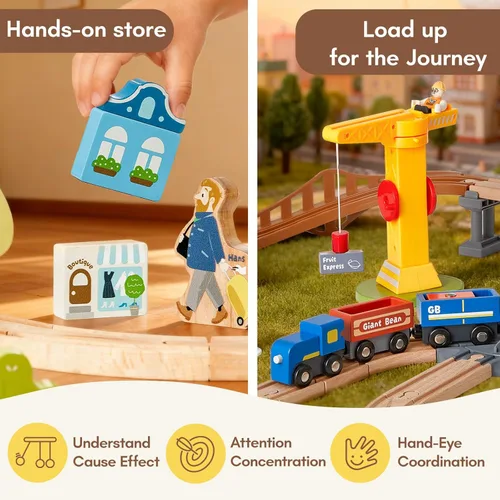 Miniatura 5 de Juego de tren de madera de 94 piezas, pista de tren de aventura moderna para niños con puente, túnel, grúa, edificios de la ciudad, compatible